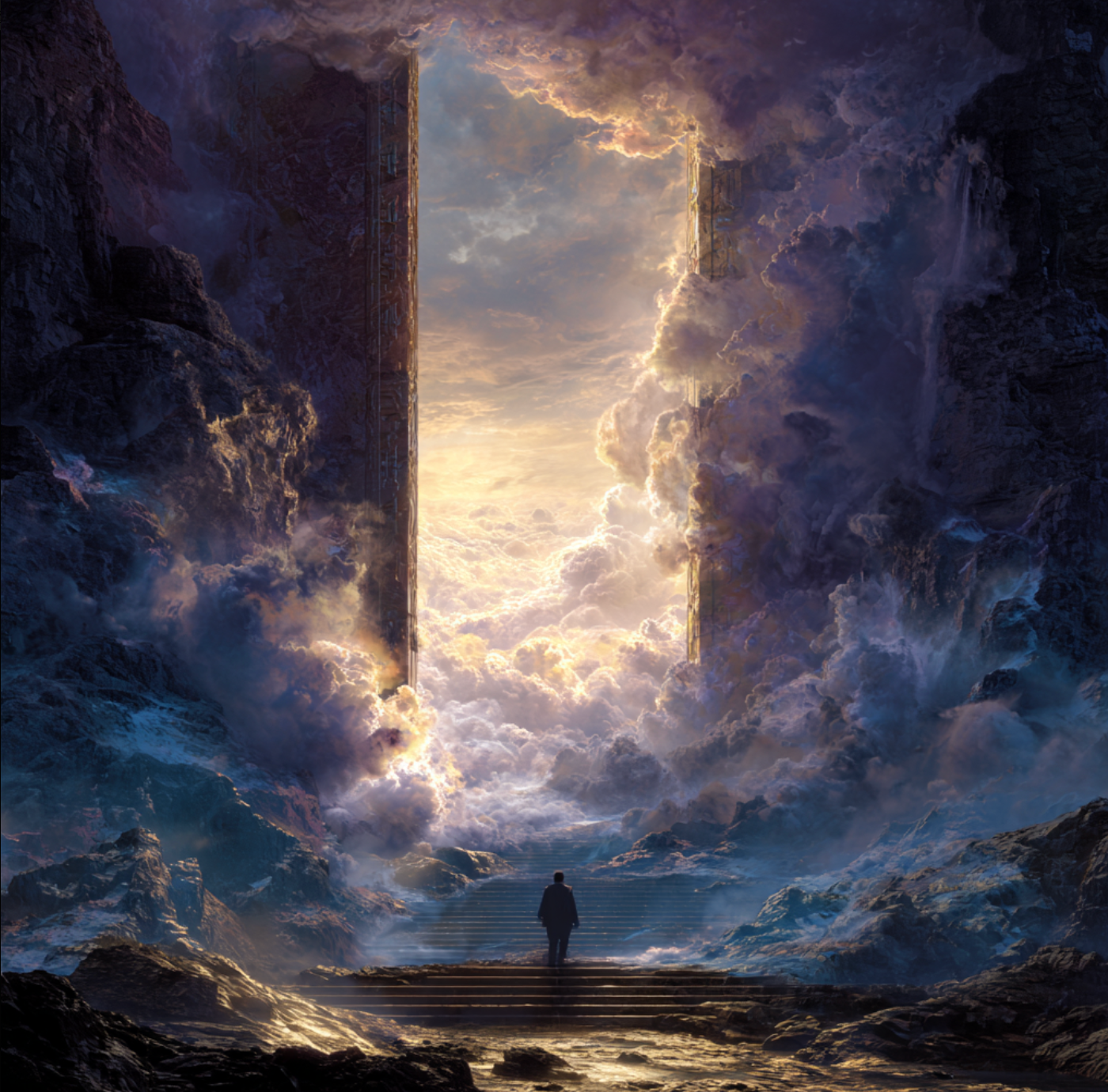 A solitary traveler approaching a luminous gateway beyond the clouds