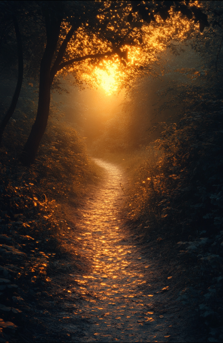 A golden woodland path leading into radiant light